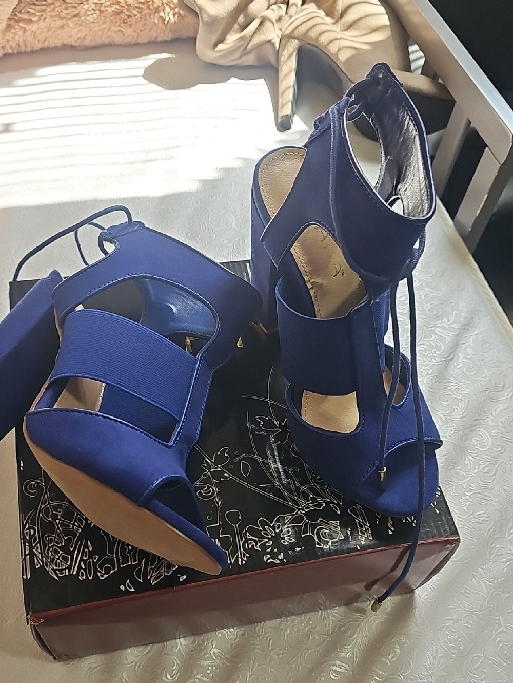 Liliana Royal Blue Lace-Up Peep Toe Heels